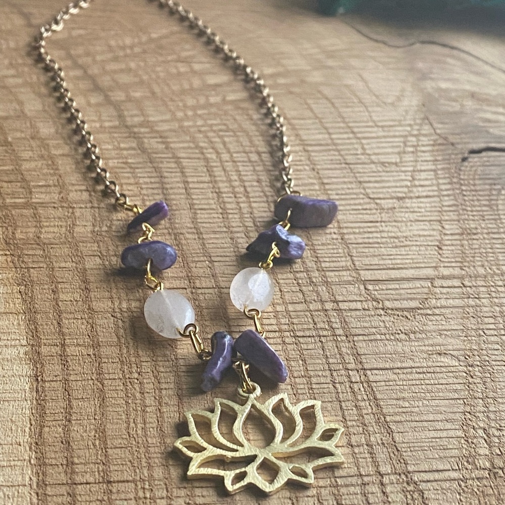 Gold and Purple Lotus Pendant Necklace with Amethyst and Rose Quartz - Picture 6 of 8